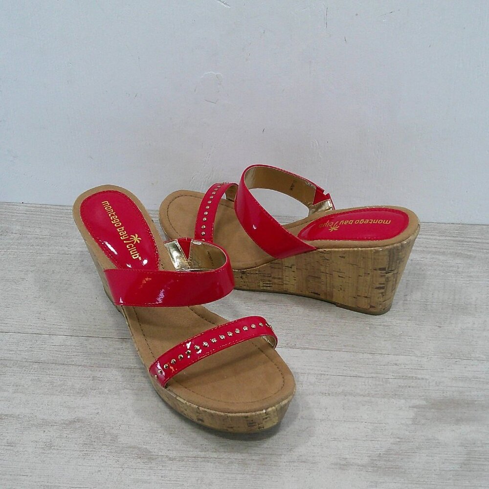 Montego Bay Club Sexy Cherry Red Platform Studded Open Toe Wedge Size 11W | Wide